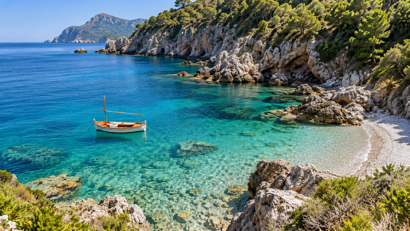 Baia del Cilento con acqua cristallina, scogliere calcaree, macchia mediterranea e una barca di legno ancorata