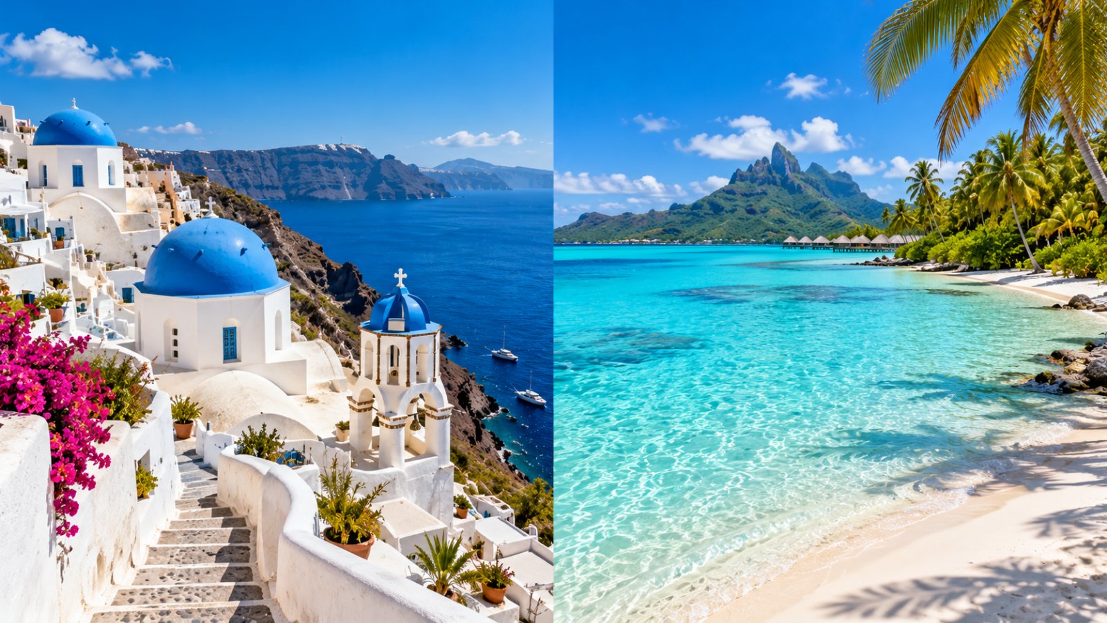 Immagine divisa a metà: a sinistra un villaggio bianco con cupole blu di un'isola greca, a destra una laguna tropicale con palme