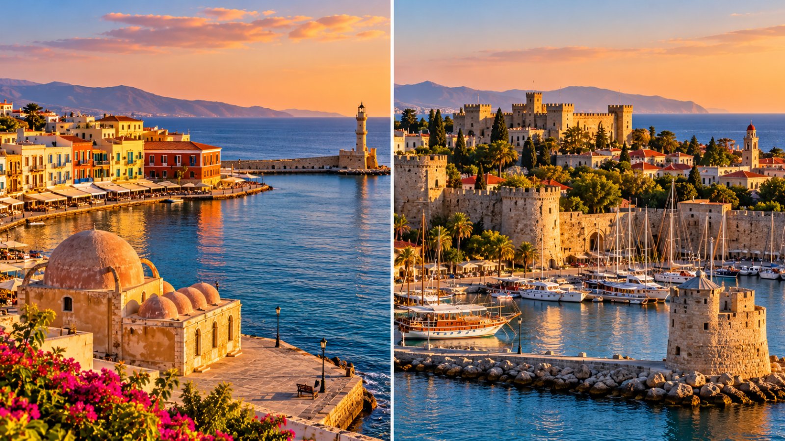 A sinistra il porto veneziano di Chania a Creta, a destra le mura medievali della città vecchia di Rodi
