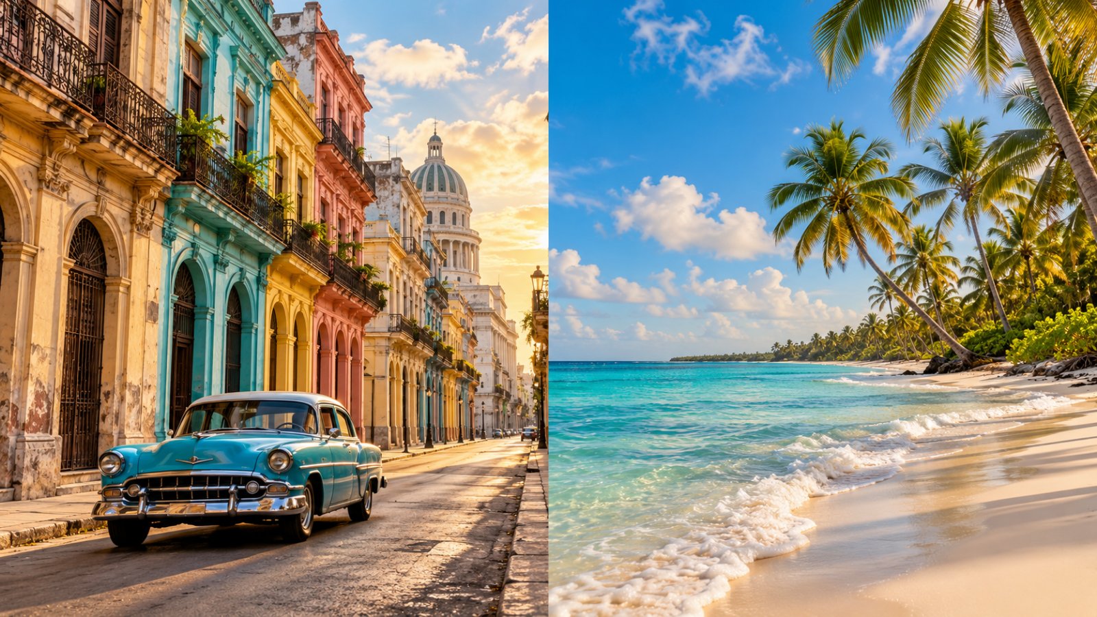 A sinistra una strada dell'Avana con palazzi coloniali colorati e un'auto americana d'epoca, a destra una spiaggia caraibica di Punta Cana con sabbia bianca e palme