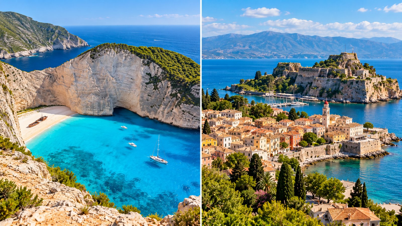 A sinistra una baia turchese tra le falesie bianche di Zante, a destra la fortezza veneziana e la città vecchia di Corfù