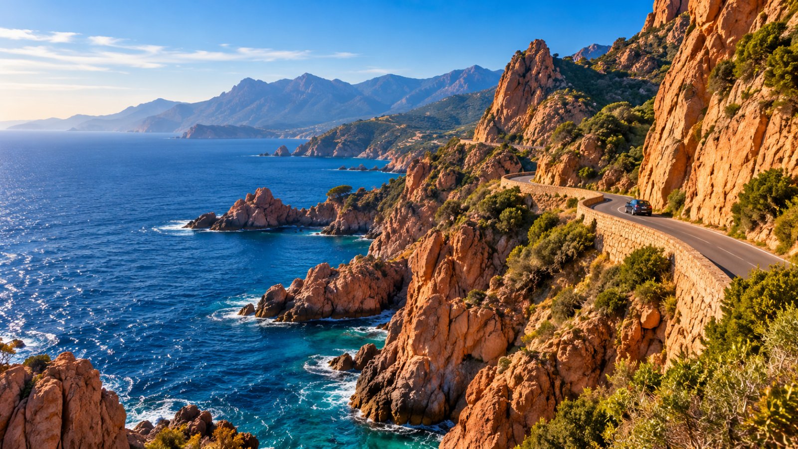 Strada costiera tortuosa tra rocce di granito rosso a strapiombo sul mare della Corsica