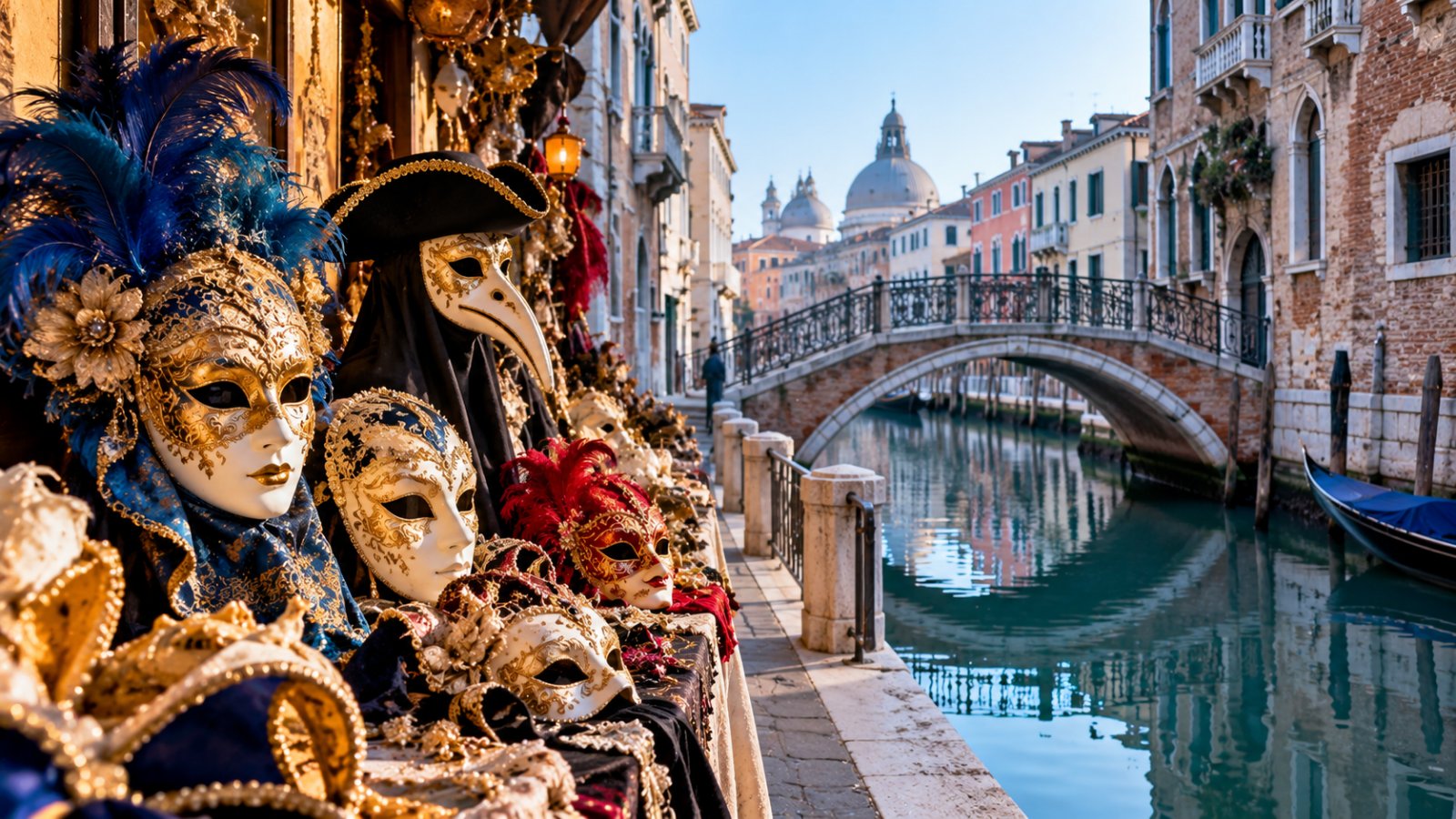 Maschere veneziane di Carnevale esposte su un banco lungo una calle, con un canale e un ponte di pietra sullo sfondo nella luce fredda di una mattina d'inverno