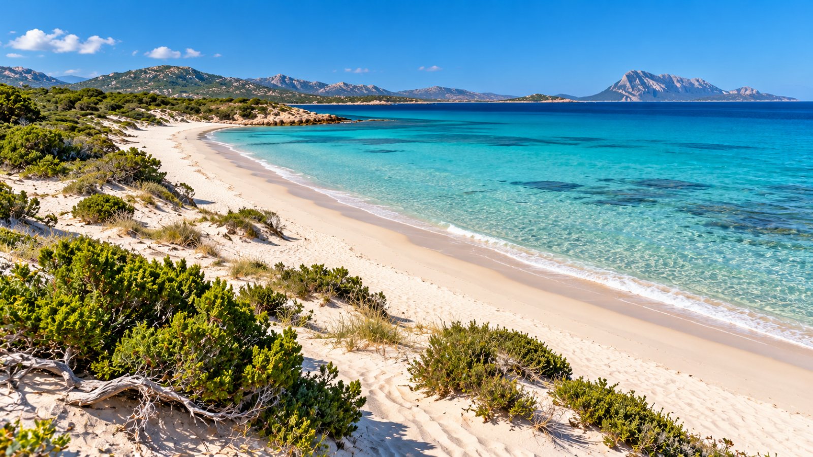 Lunga spiaggia di sabbia bianca con acqua turchese, dune e cespugli di ginepro, quasi deserta in una mattina d'inizio estate