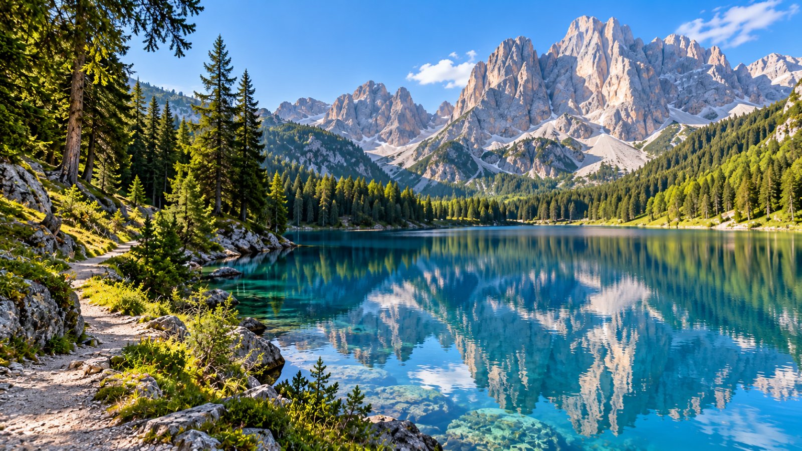 Lago alpino blu con le pareti delle Dolomiti che si riflettono nell'acqua, boschi di abeti e un sentiero sulla riva