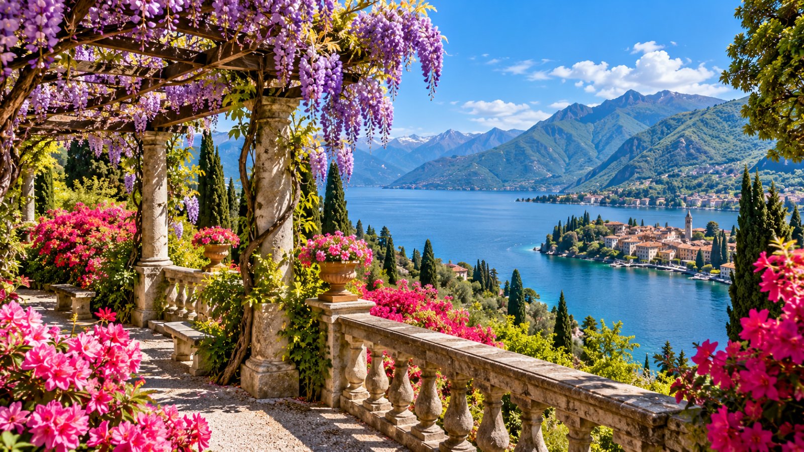 Terrazza fiorita con azalee e glicine affacciata su un lago alpino, con un piccolo borgo sulla riva e montagne verdi sullo sfondo