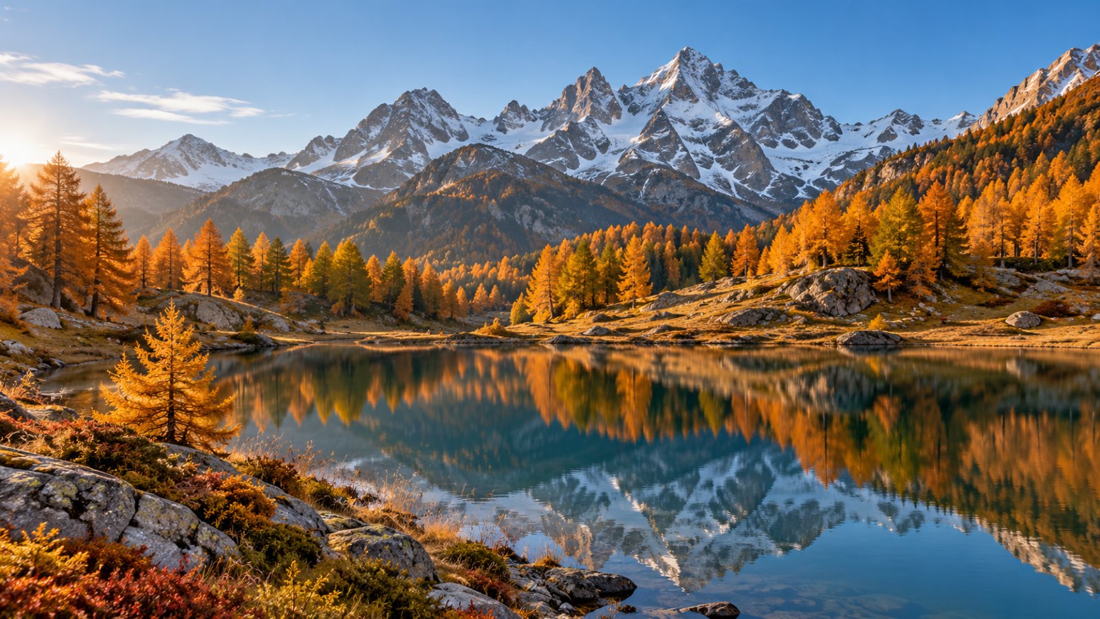 Valle alpina in autunno con boschi di larici dorati, un piccolo lago e le cime già spruzzate di neve