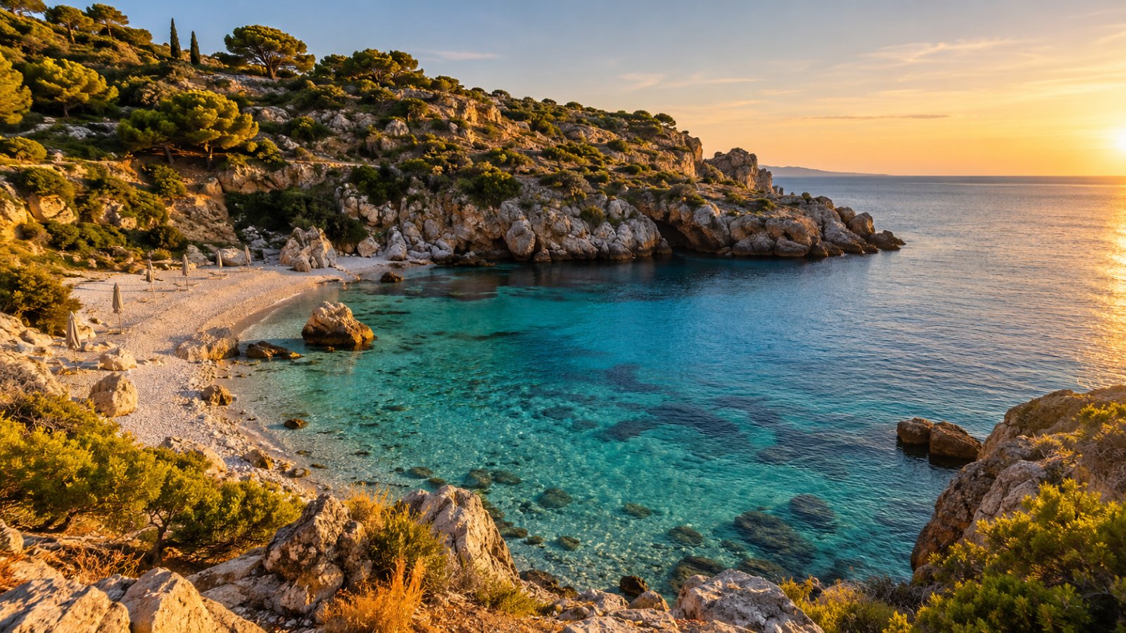 Caletta mediterranea con mare turchese trasparente e una piccola spiaggia quasi deserta nella luce del tramonto