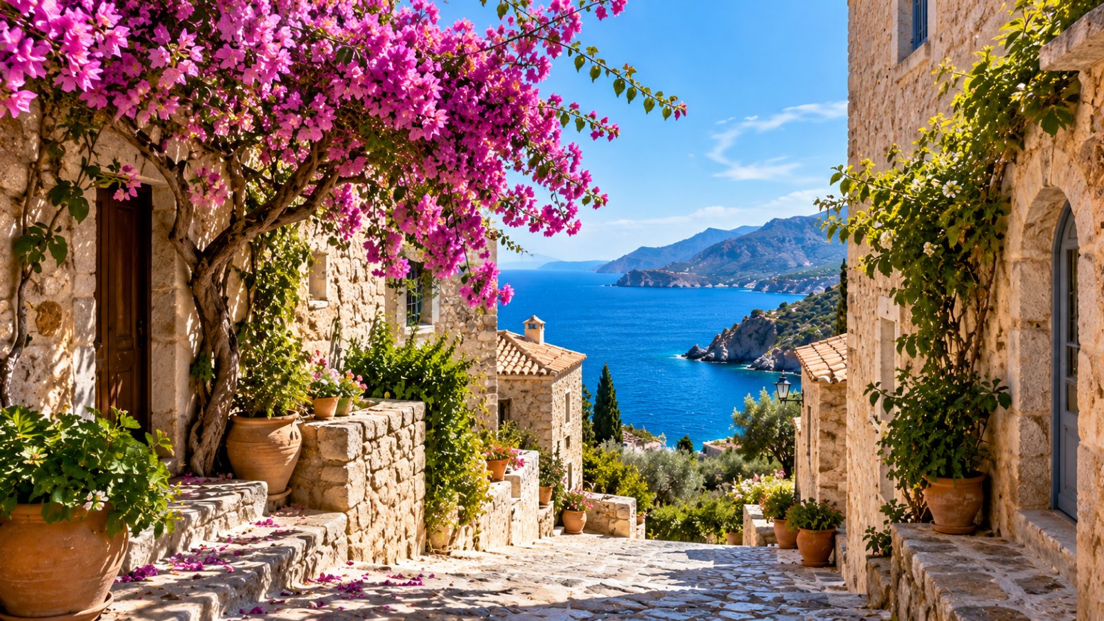 Vicolo di un borgo mediterraneo con case di pietra chiara e un albero in fiore, con il mare blu sullo sfondo in una mattina di primavera