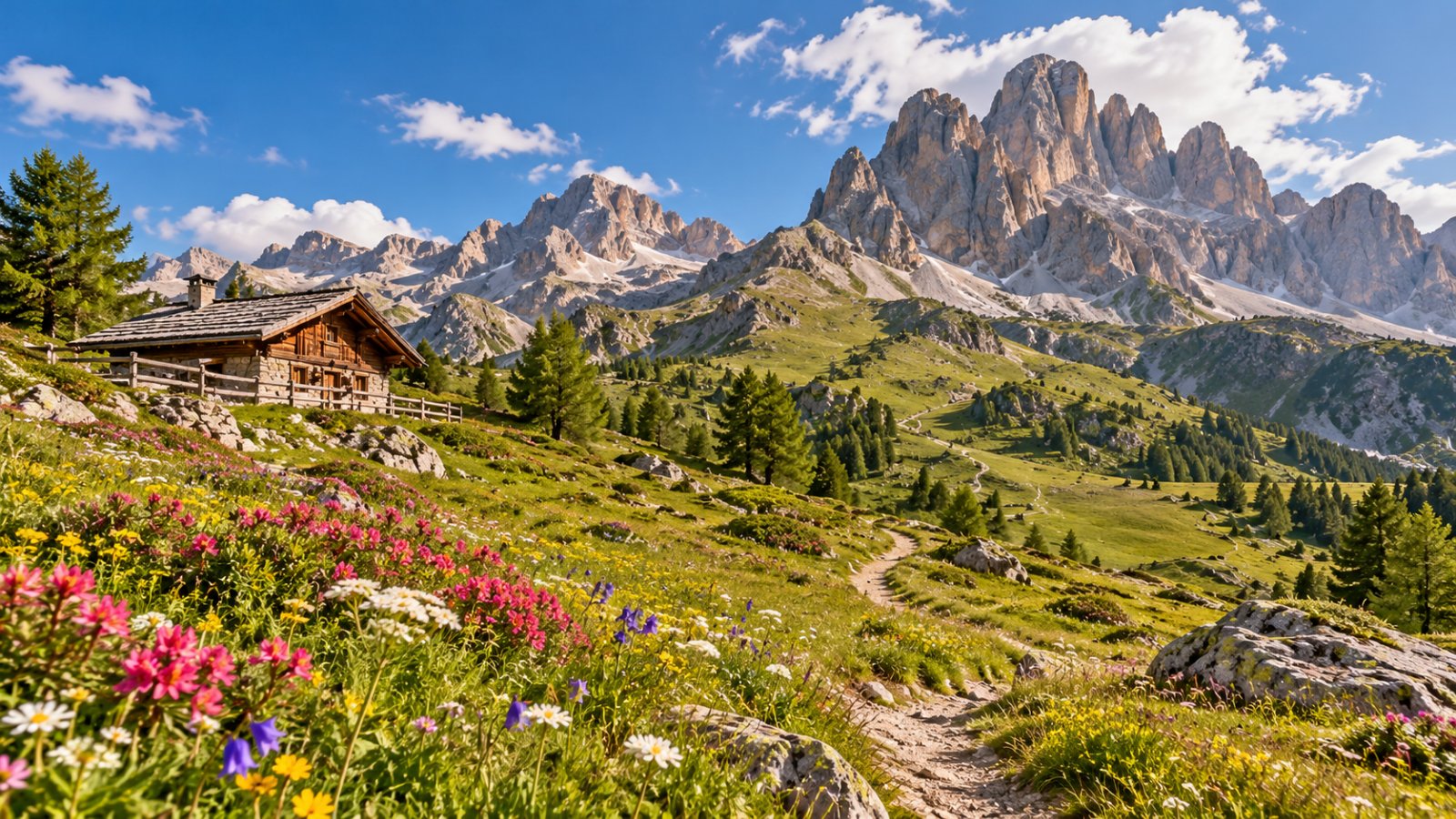 Prato alpino fiorito con un rifugio in legno isolato e le cime rocciose sullo sfondo