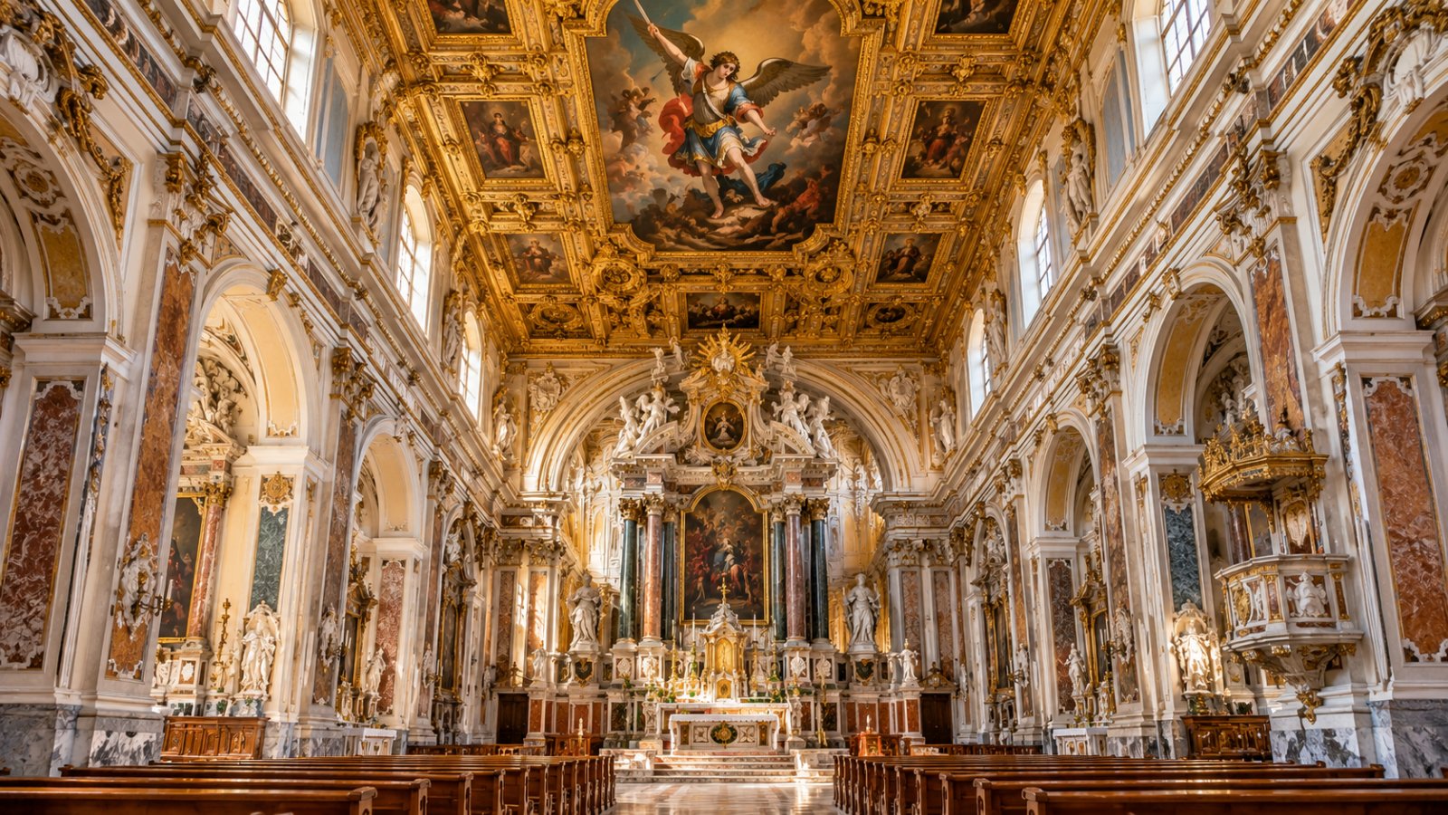 L'interno di una chiesa abbaziale barocca con il soffitto a cassettoni dorato, il grande dipinto dell'arcangelo Michele e l'altare in marmi policromi
