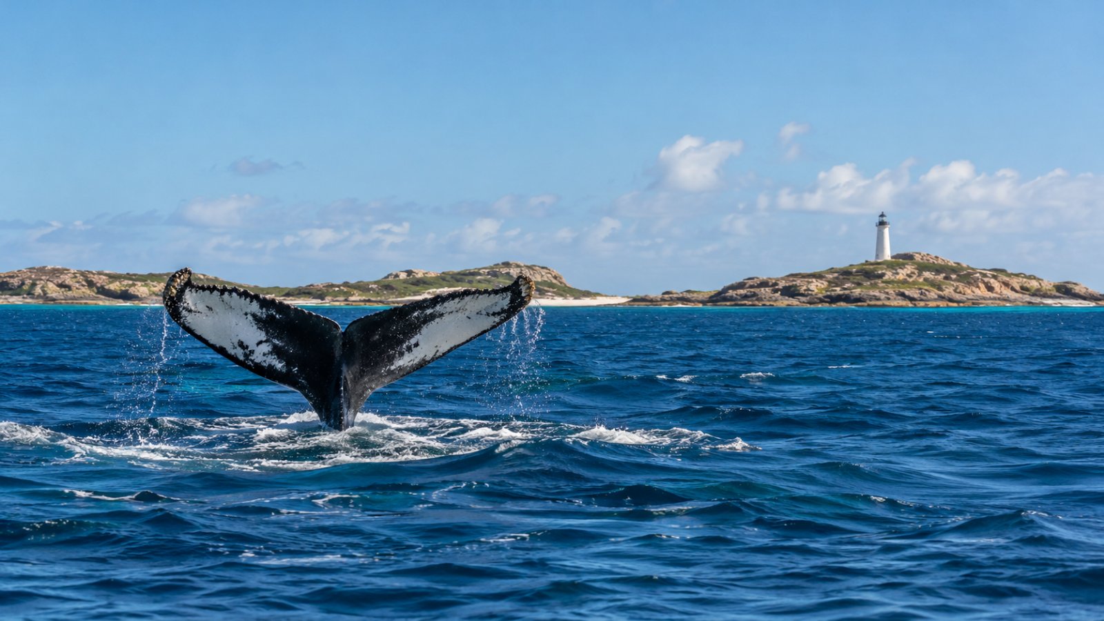 La coda di una megattera che emerge dal mare blu davanti alle isole basse e rocciose dell'arcipelago di Abrolhos, con il faro sull'isola