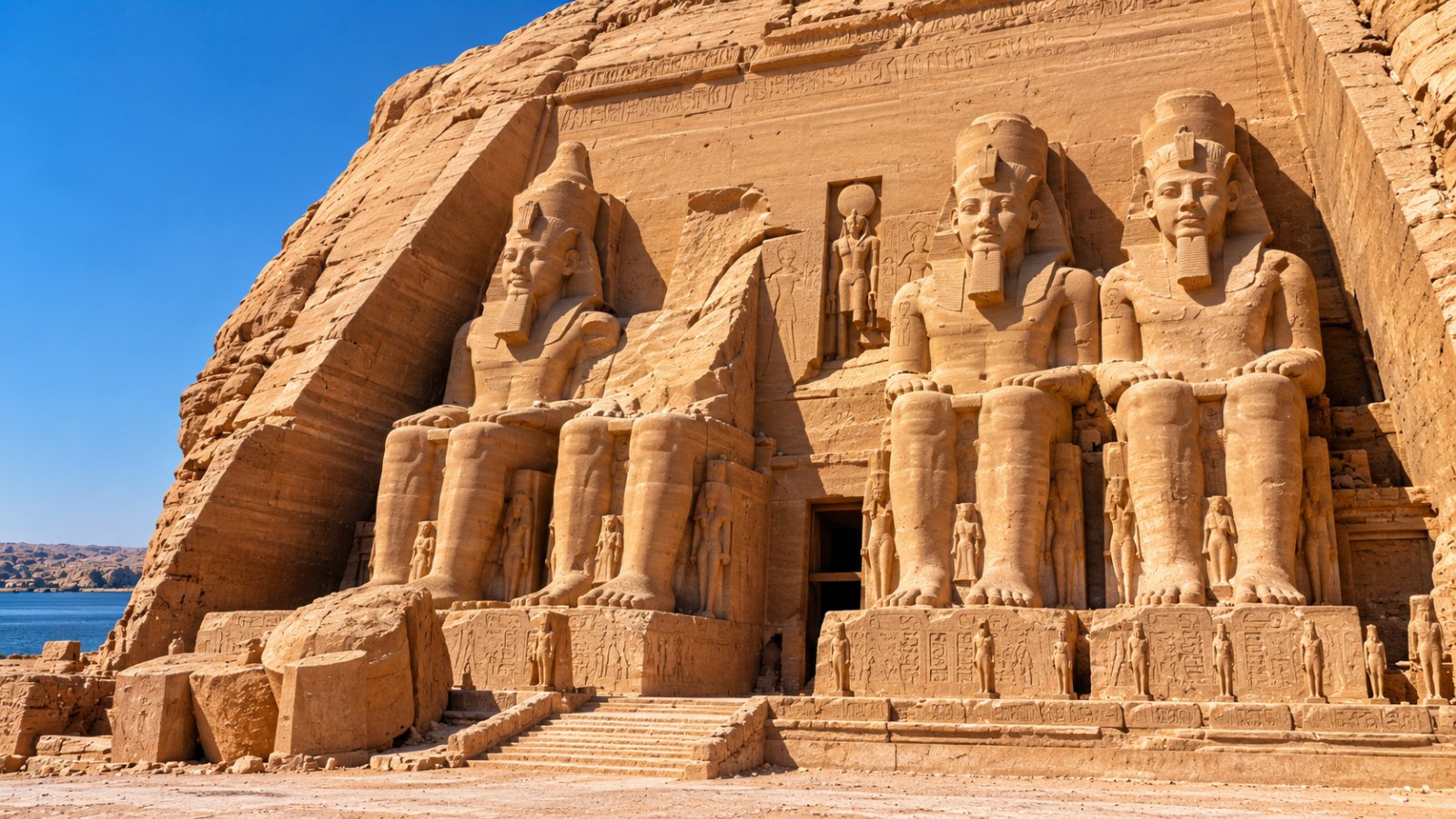 Le quattro statue colossali di Ramses II davanti al tempio di Abu Simbel