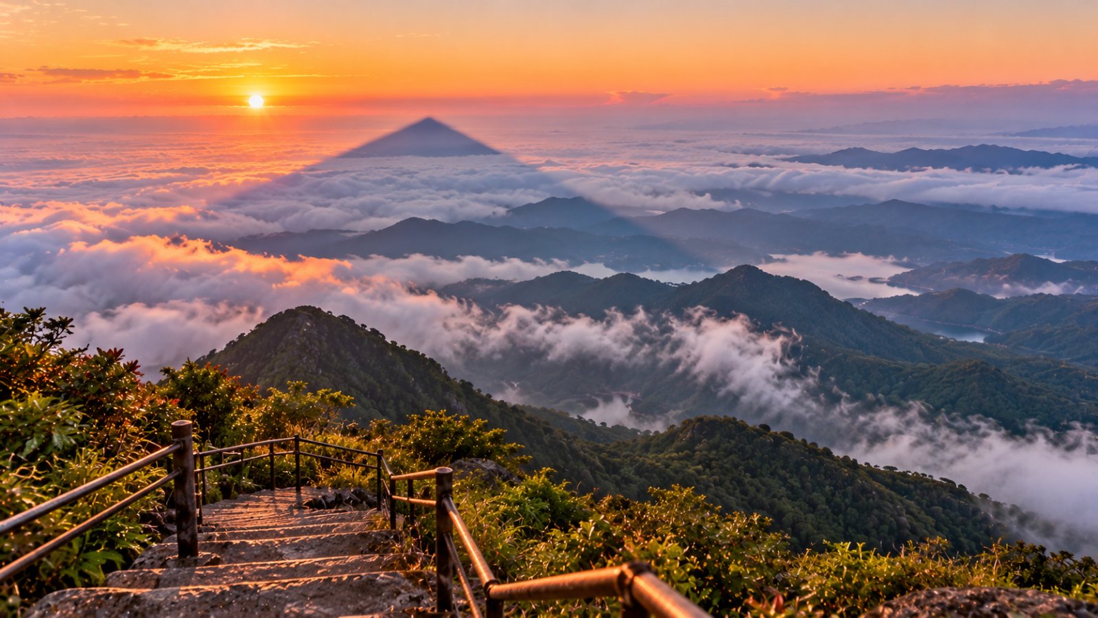 Un mare di nuvole all'alba visto dal sentiero dell'Adam's Peak, con le creste degli altipiani e una vetta conica all'orizzonte, e i gradini di pietra con il corrimano in primo piano