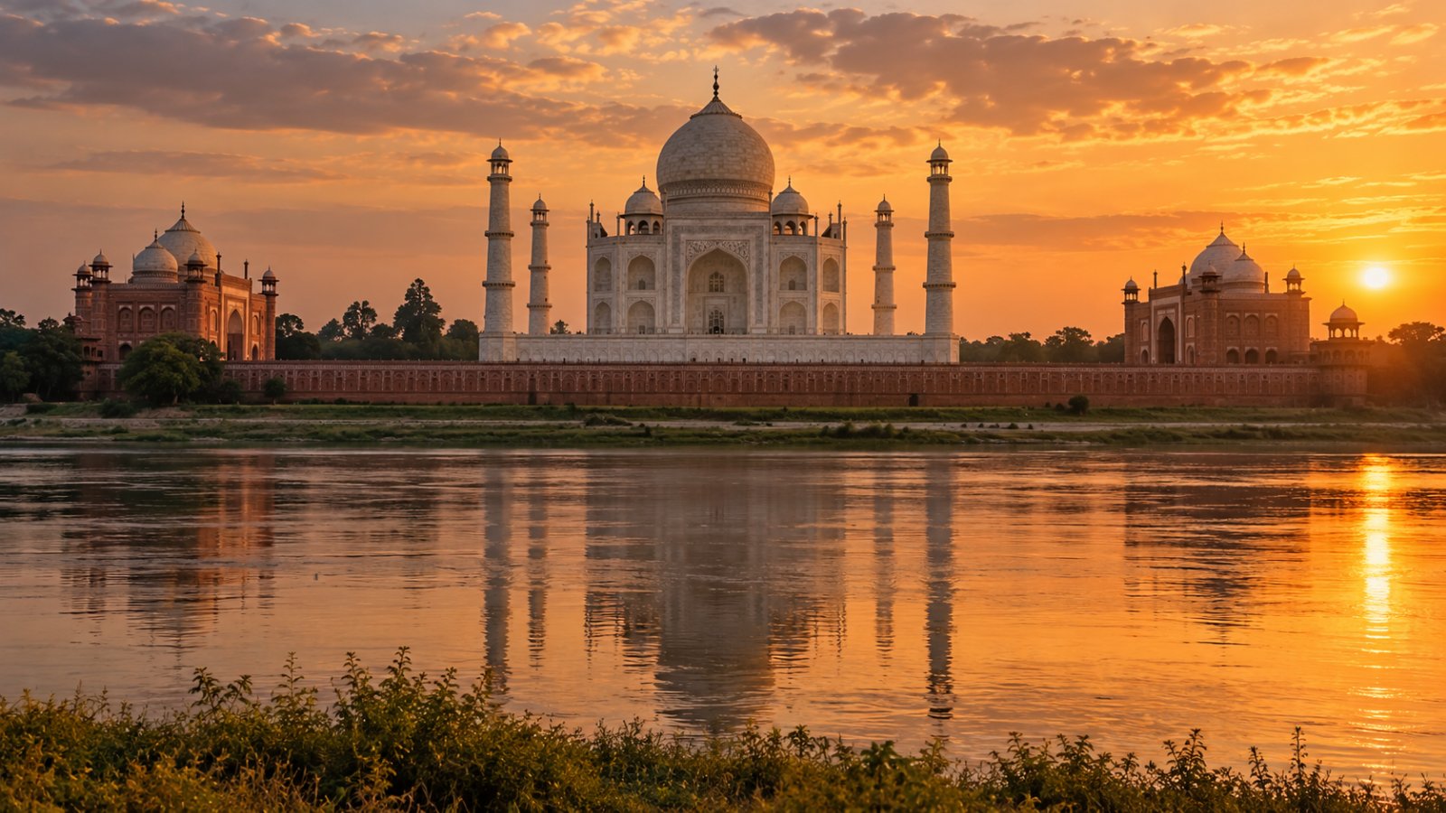 Il Taj Mahal visto dal giardino di Mehtab Bagh, oltre il fiume Yamuna, nella luce calda del tramonto