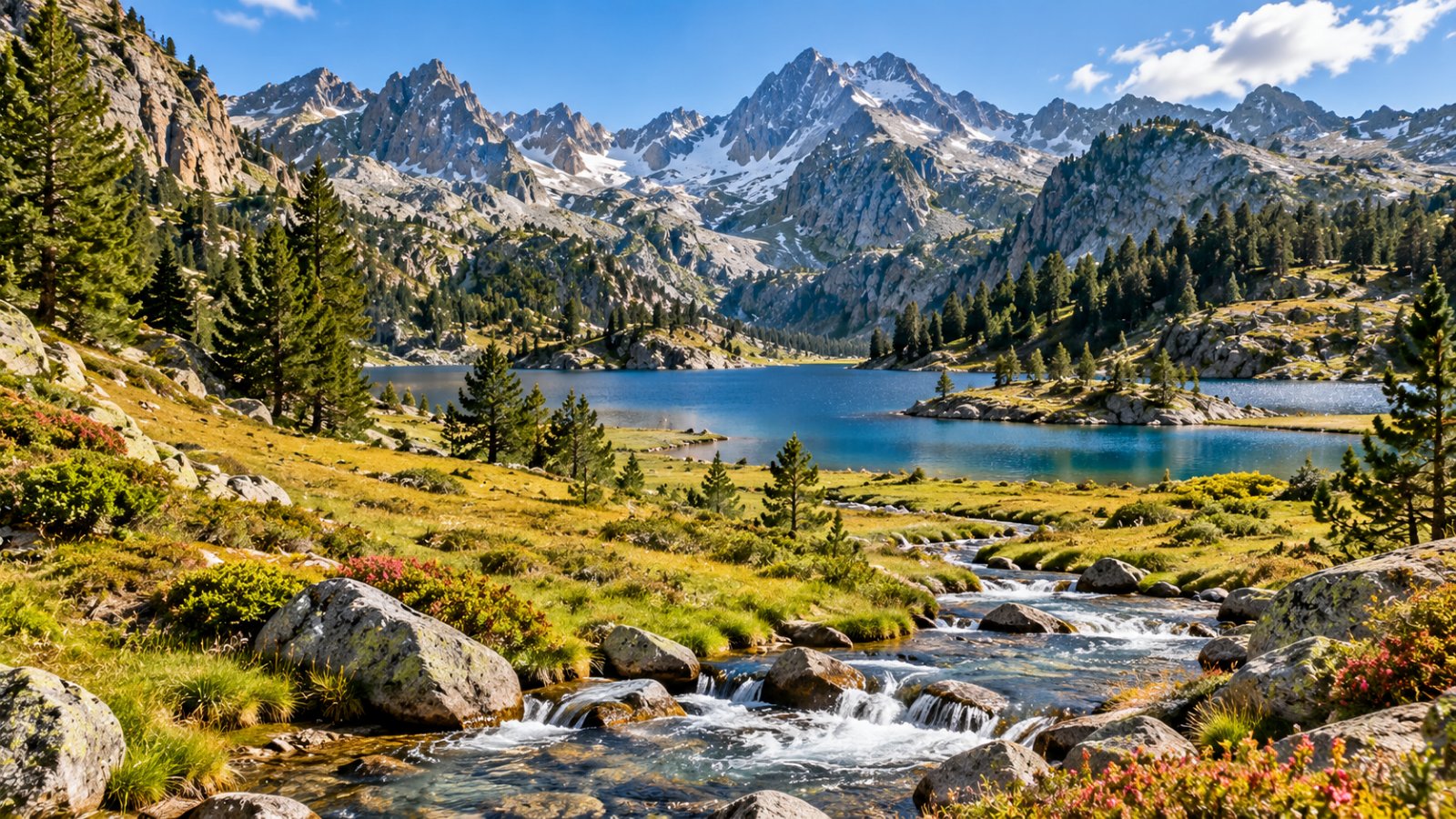 Un lago di montagna con un piccolo ruscello che serpeggia tra prati, pini e cime granitiche