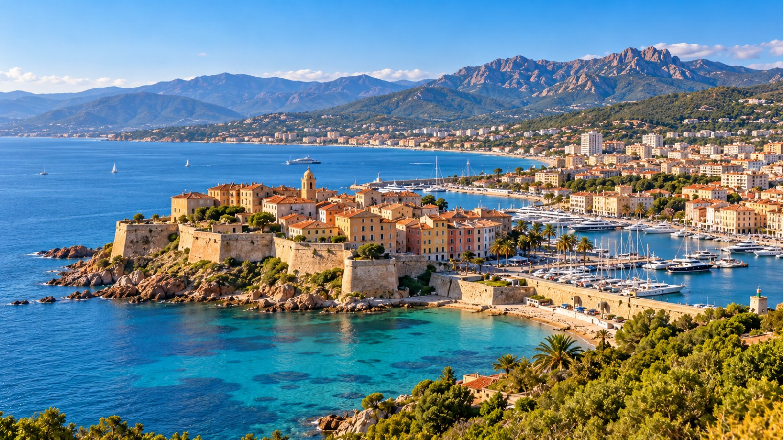 Il golfo di Ajaccio visto dall'alto, con la cittadella sul mare, il porto con le barche, le case color pastello e le montagne sullo sfondo