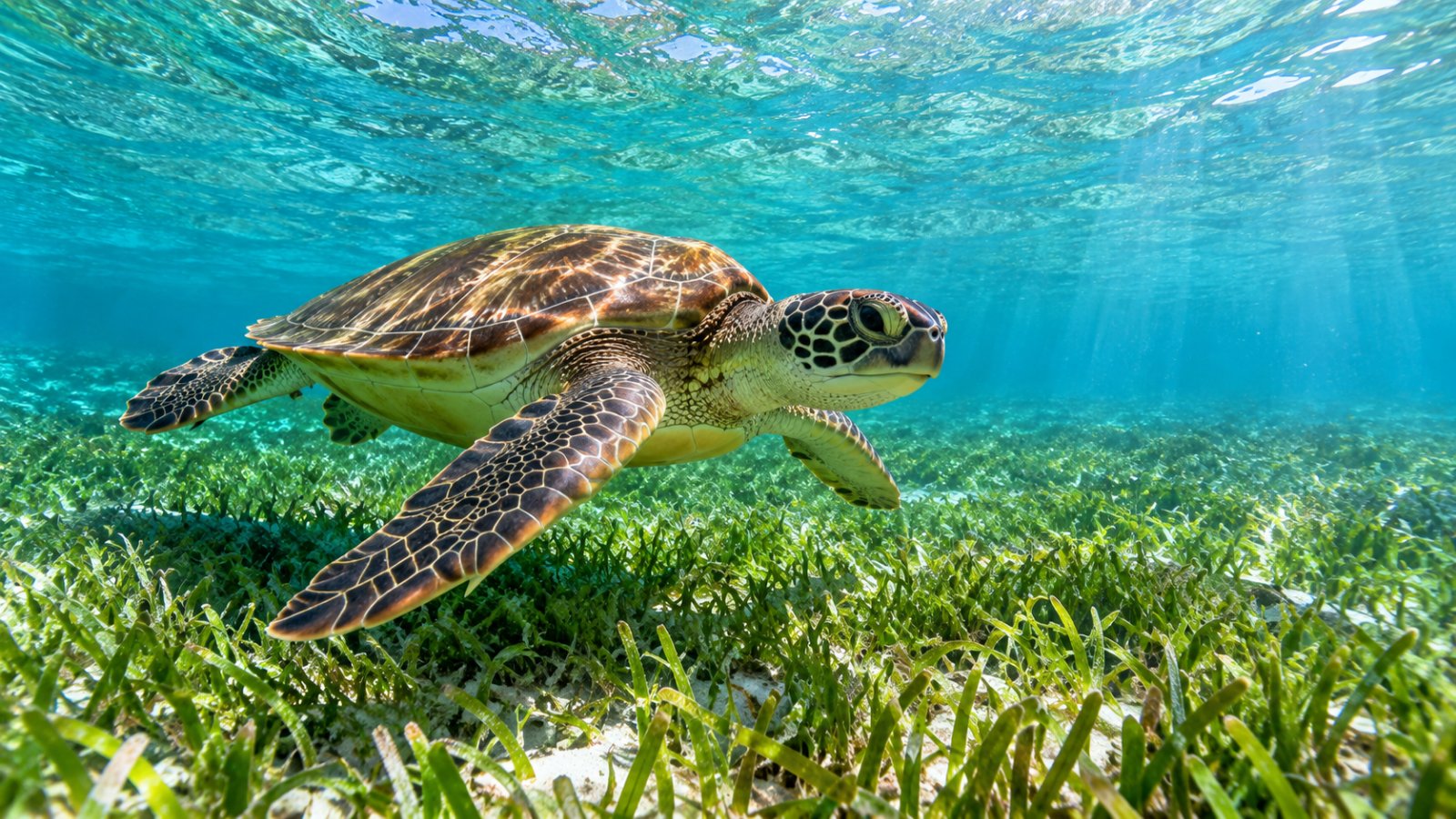 Una tartaruga verde che nuota sopra la prateria marina nella baia di Akumal