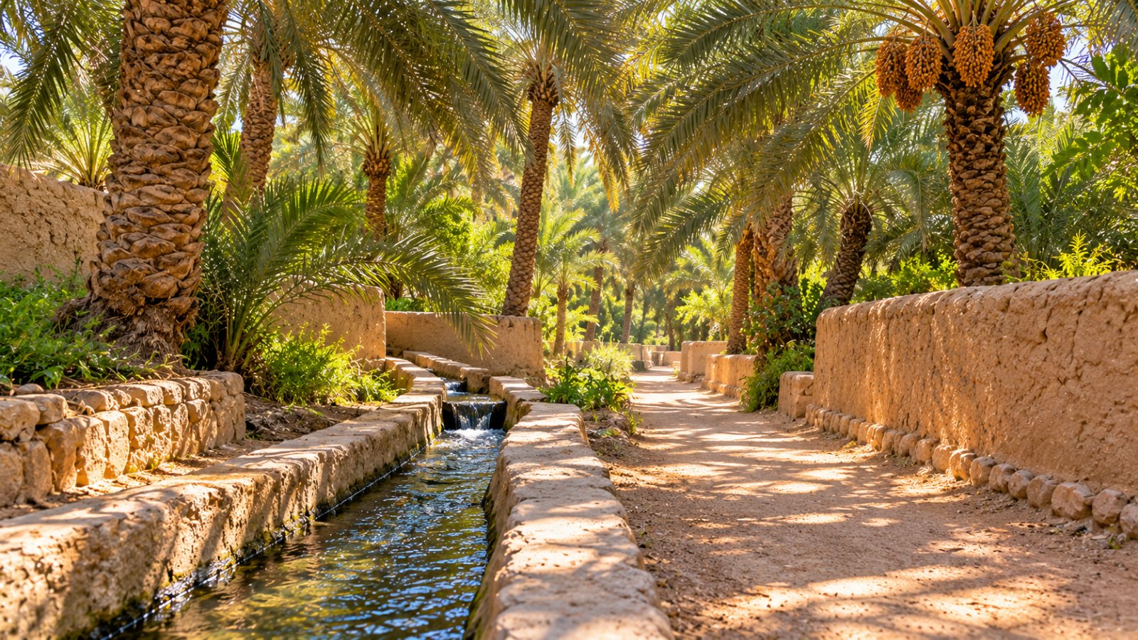 Un sentiero sterrato tra alte palme da datteri nell'oasi di Al Ain, con un canale d'irrigazione in pietra e muretti di fango sotto una luce calda del mattino