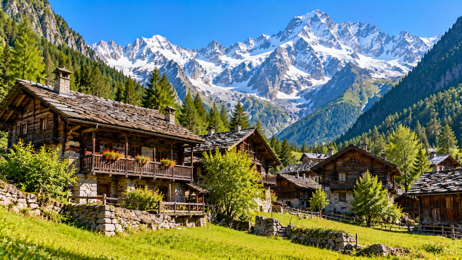 Antiche case walser in legno scuro con tetti in lastre di pietra in una frazione di Alagna, con prati verdi e il versante innevato del Monte Rosa sullo sfondo