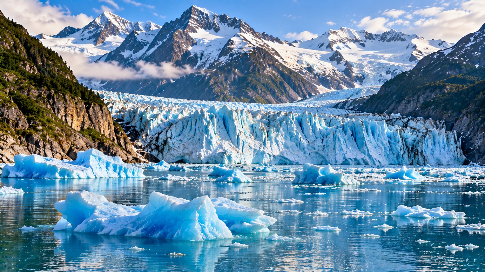 Un ghiacciaio dell'Alaska che scende in un fiordo, con iceberg azzurri nell'acqua e montagne innevate sullo sfondo
