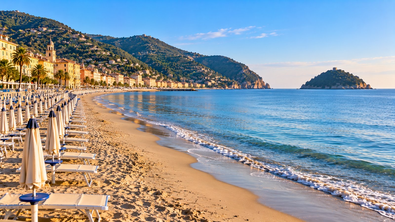 La lunga spiaggia di sabbia di Alassio con gli ombrelloni chiusi, il mare calmo e l'isola Gallinara all'orizzonte