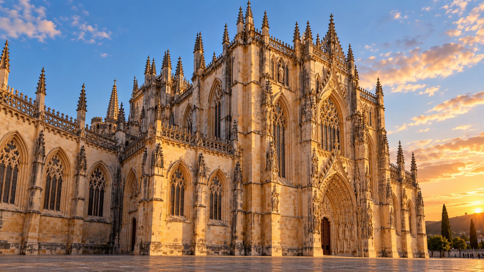La facciata gotica del Monastero di Batalha in pietra calcarea dorata, con guglie e pinnacoli traforati, illuminata dalla luce calda del tramonto sotto un cielo azzurro