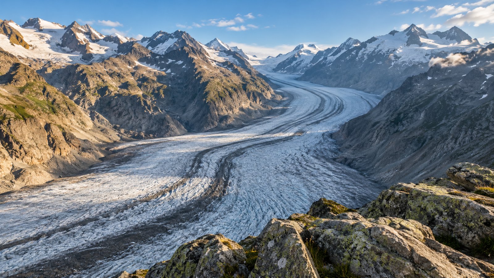 Un lunghissimo ghiacciaio che scorre tra montagne rocciose, con le caratteristiche strisce scure di morena, visto dall'alto da un belvedere