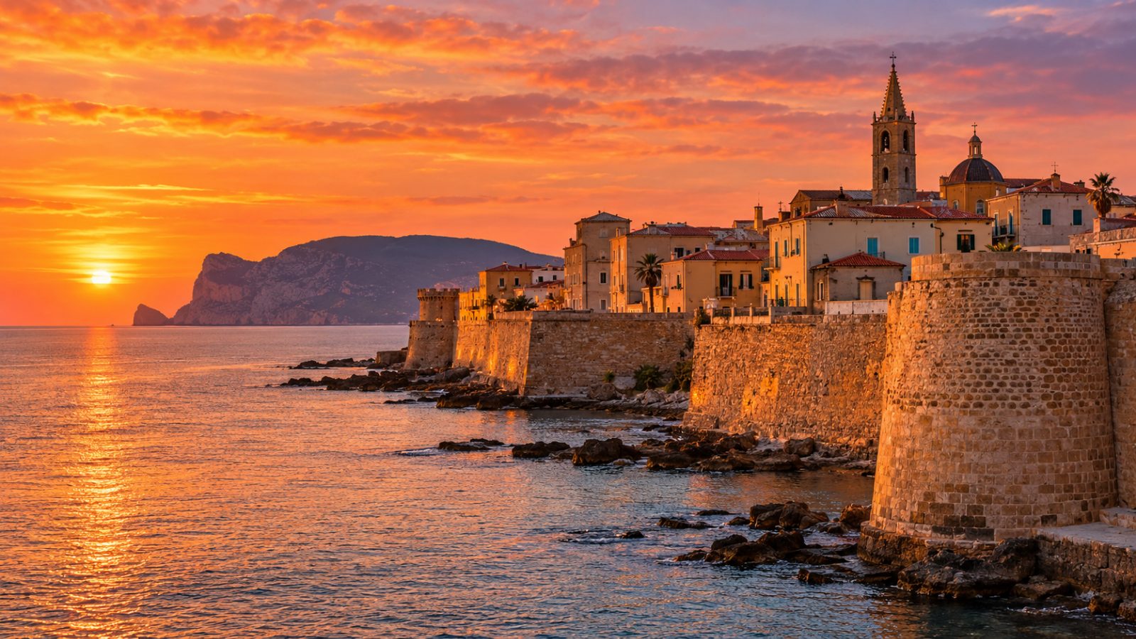 I bastioni di Alghero affacciati sul mare al tramonto