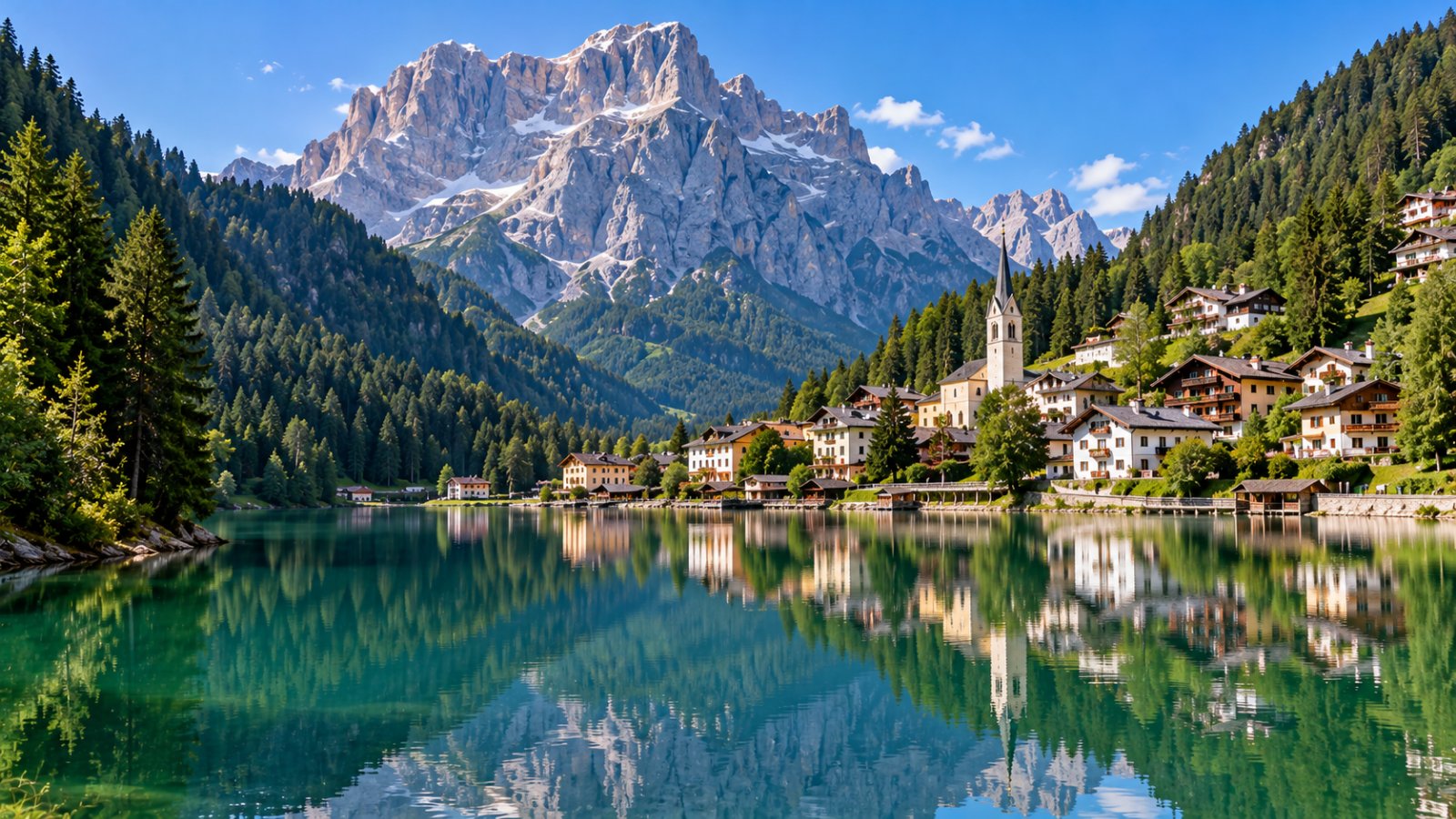Il lago di Alleghe in una mattina d'estate, con l'acqua verde e ferma che riflette le case del paese e, sullo sfondo, la grande parete grigia del Monte Civetta