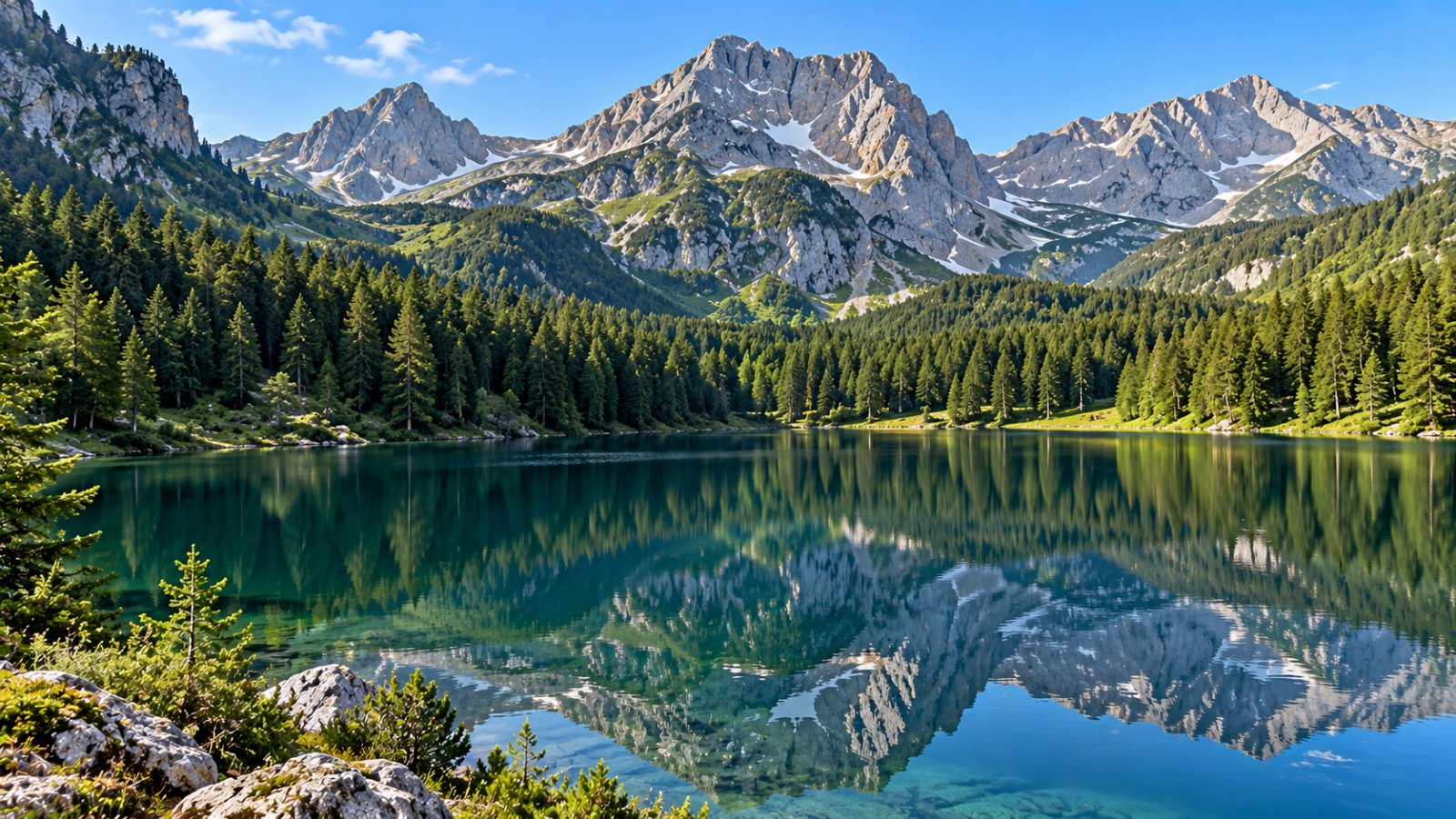 Un lago glaciale scuro circondato da boschi di conifere, con montagne calcaree grigie sullo sfondo, nel massiccio del Durmitor in Montenegro