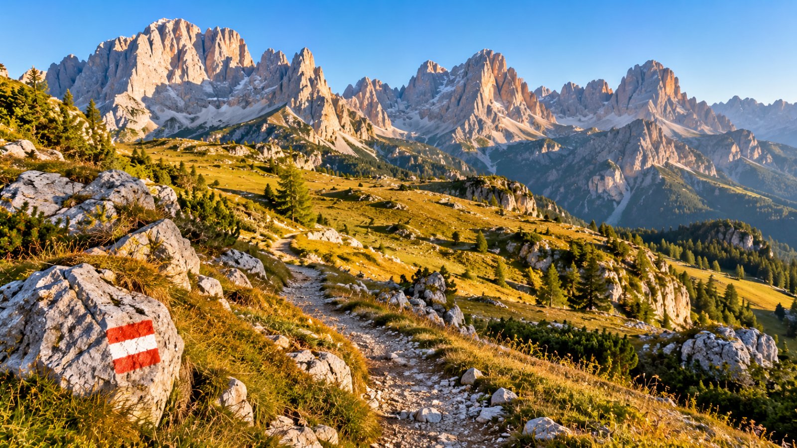 Un sentiero di montagna che attraversa un altopiano di prati e rocce nelle Dolomiti, con un segnavia dipinto su un masso e, in lontananza, cime dolomitiche illuminate dal sole del mattino