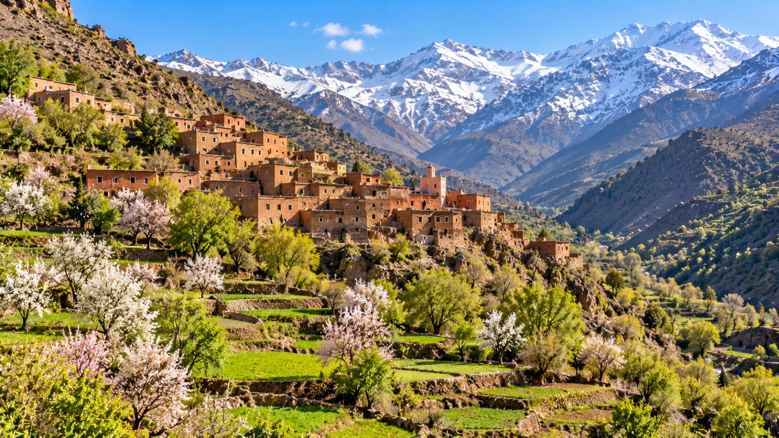 Una valle dell'Alto Atlante in primavera, con un villaggio berbero di case in terra e pietra sul pendio, terrazze coltivate, noci in fiore e cime innevate sullo sfondo