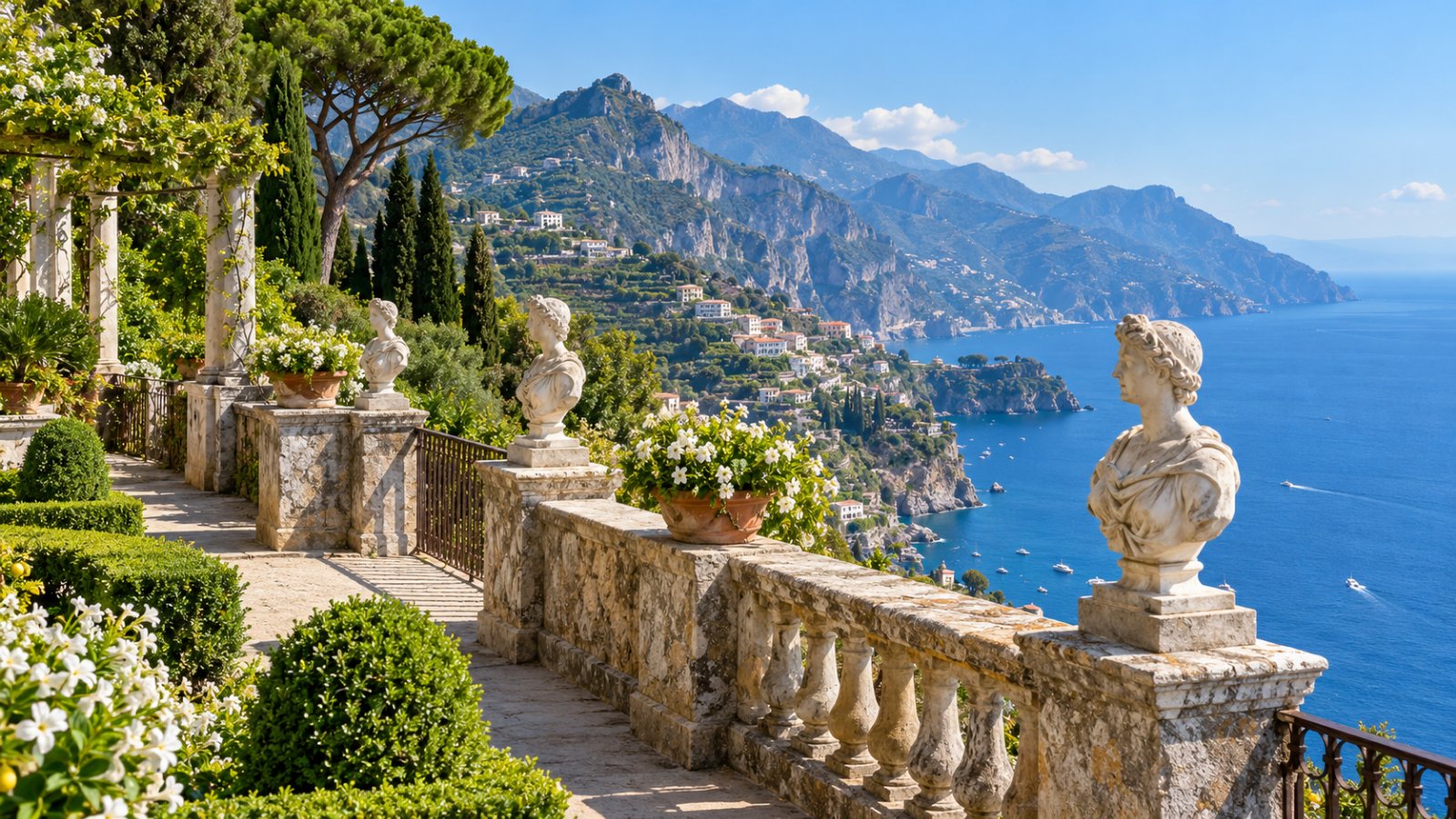 Un giardino di Ravello con un belvedere sospeso sul mare della Costiera Amalfitana e la costa ripida sotto