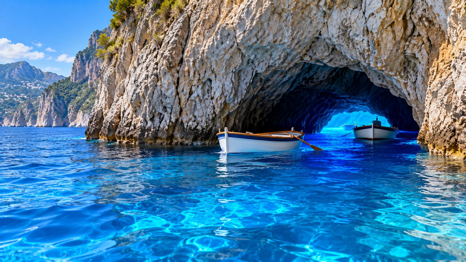 L'ingresso basso di una grotta marina nella scogliera, con barchette a remi sull'acqua di un blu intenso