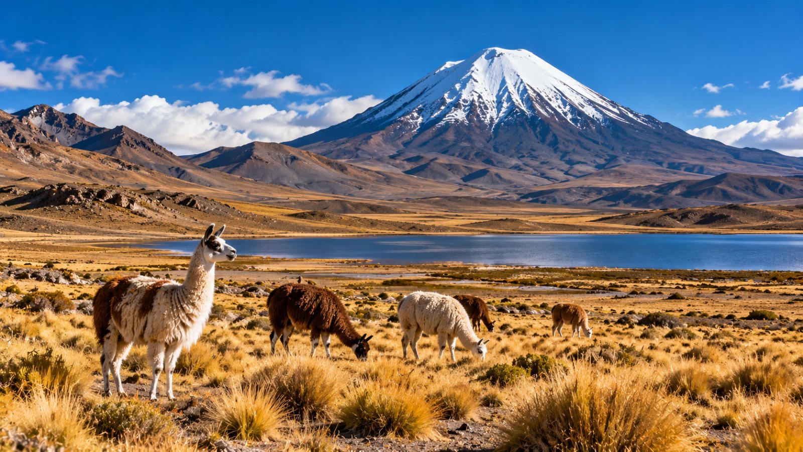Un altopiano andino con lama al pascolo e un vulcano innevato sullo sfondo, sotto un cielo blu intenso