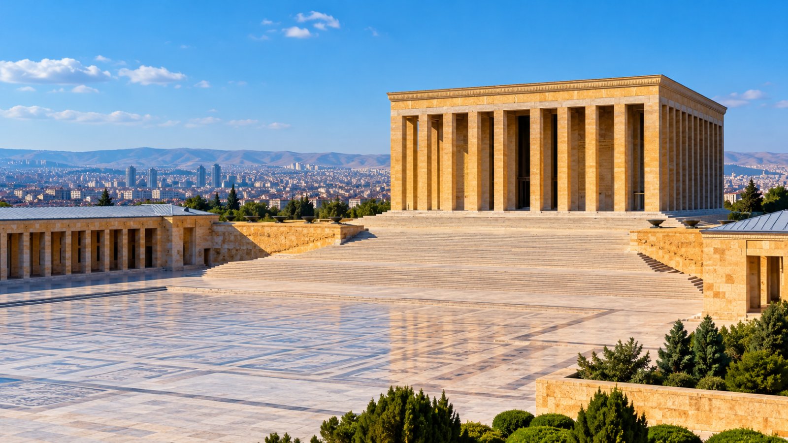 Il grande colonnato dell'Anıtkabir, il mausoleo di Atatürk ad Ankara, nella luce del mattino