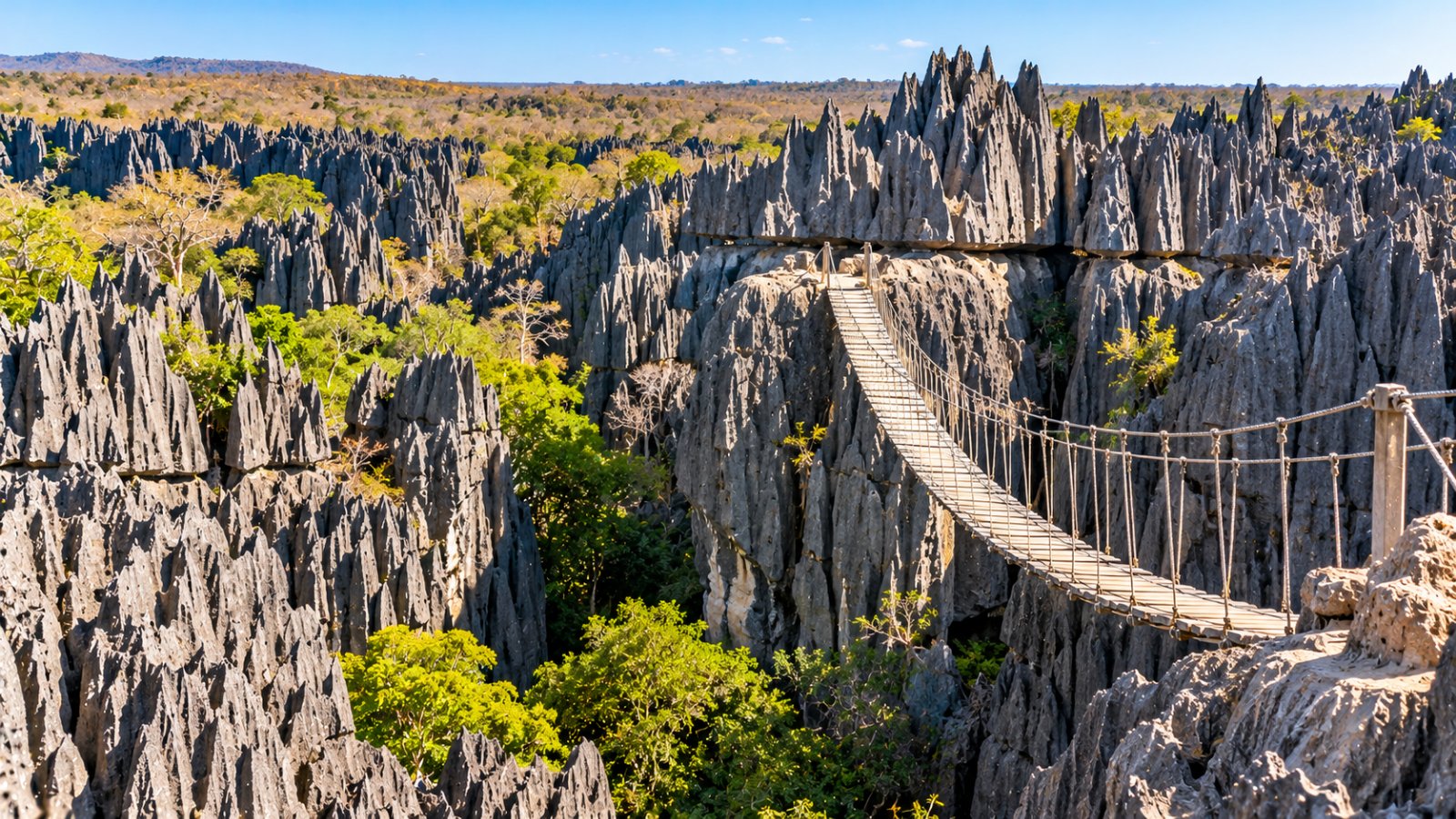 Una distesa di tsingy grigi, pinnacoli di calcare affilati come lame, attraversata da un piccolo ponte sospeso di legno e corde, con la foresta secca sullo sfondo