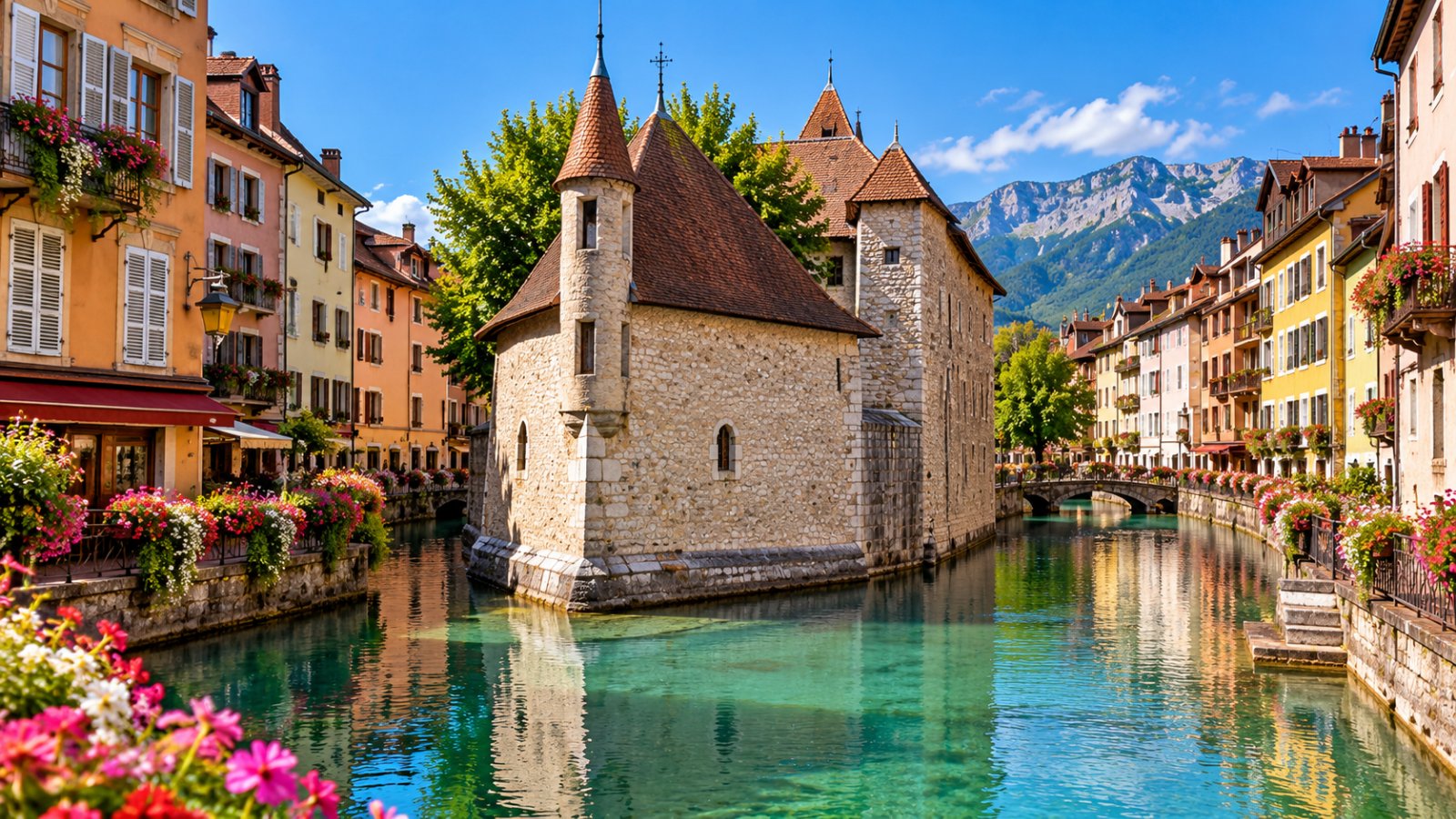 Un antico palazzo in pietra su un isolotto in mezzo a un canale, con case colorate, fiori ai balconi e acqua limpida
