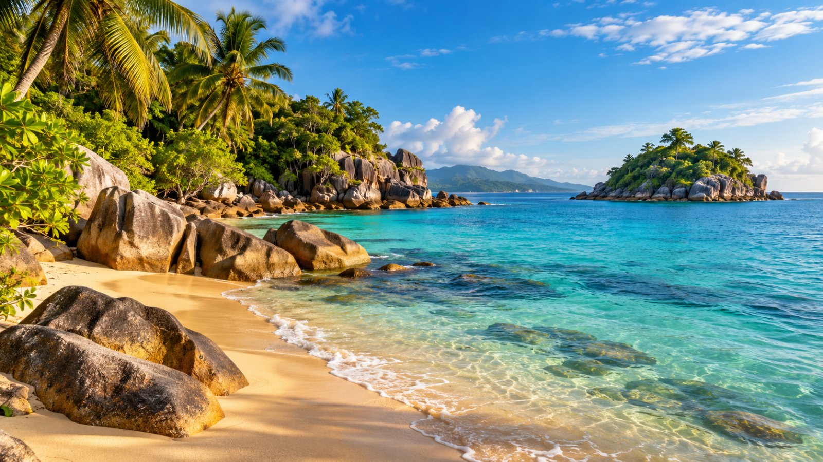 Una piccola baia con sabbia dorata, massi di granito e vegetazione tropicale sulla costa ovest di Mahé, con un isolotto verde poco al largo nel mare calmo