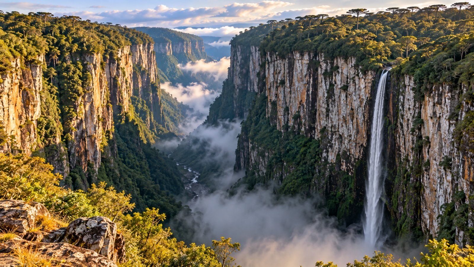 Il canyon di Itaimbezinho nel parco di Aparados da Serra: pareti di roccia verticali coperte di vegetazione, una cascata sottile e la nebbia sul fondo