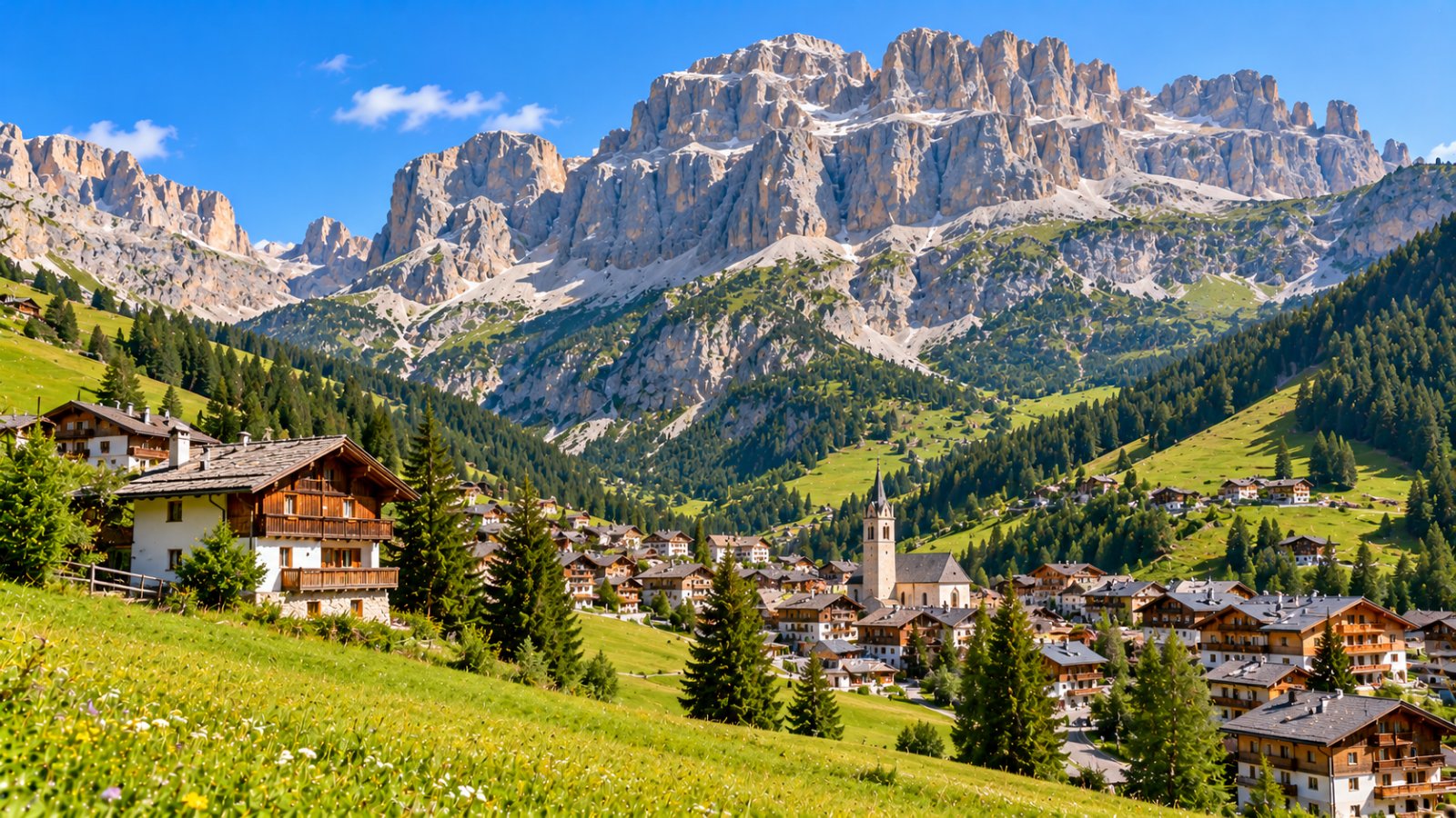 Il paese di Arabba con il campanile e le case di legno sul fondovalle, ai piedi delle pareti grigie del gruppo del Sella, prati verdi in primo piano