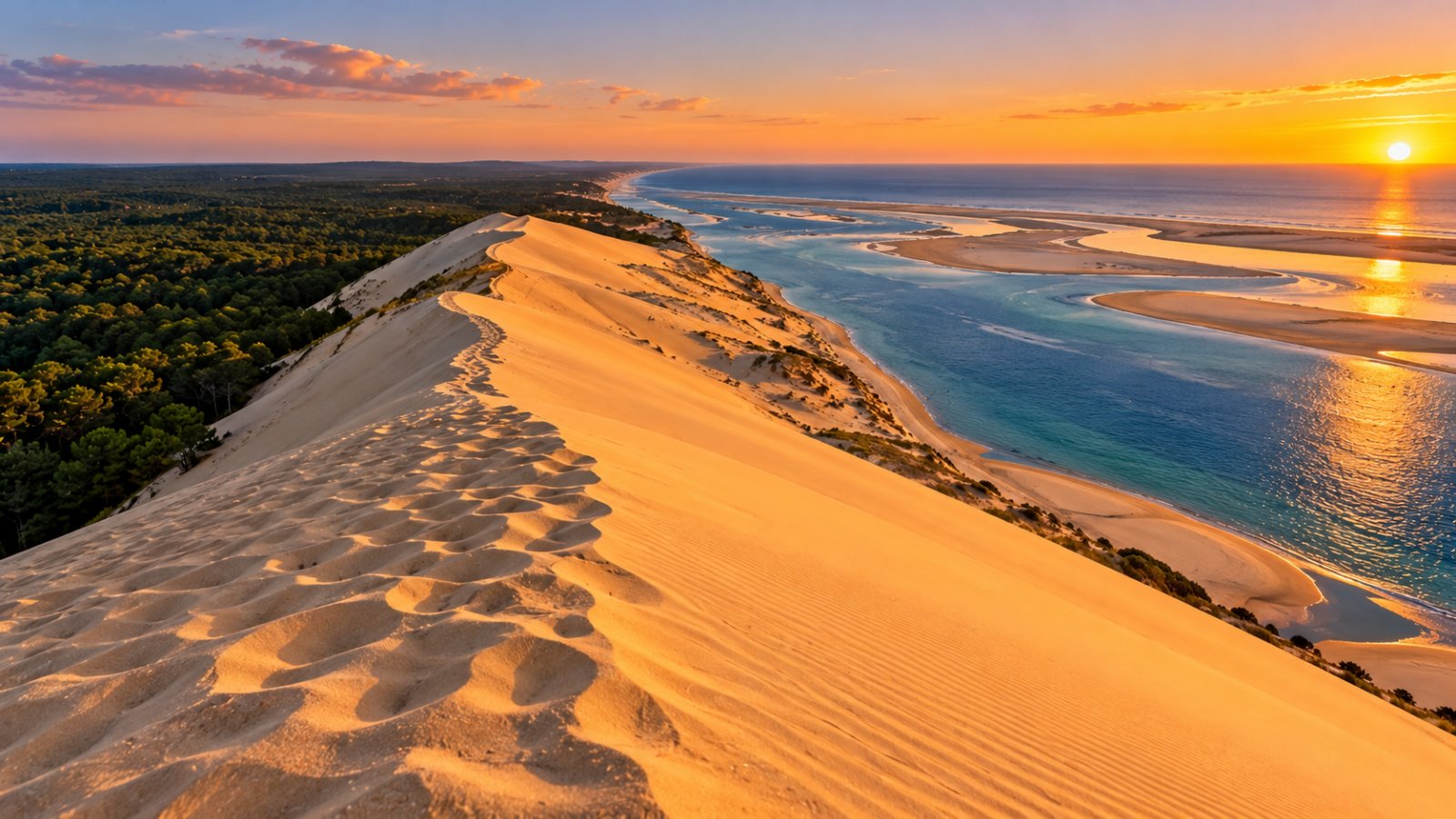 Il crinale di un'enorme duna di sabbia chiara al tramonto, con la pineta verde da un lato e l'oceano con banchi di sabbia dall'altro