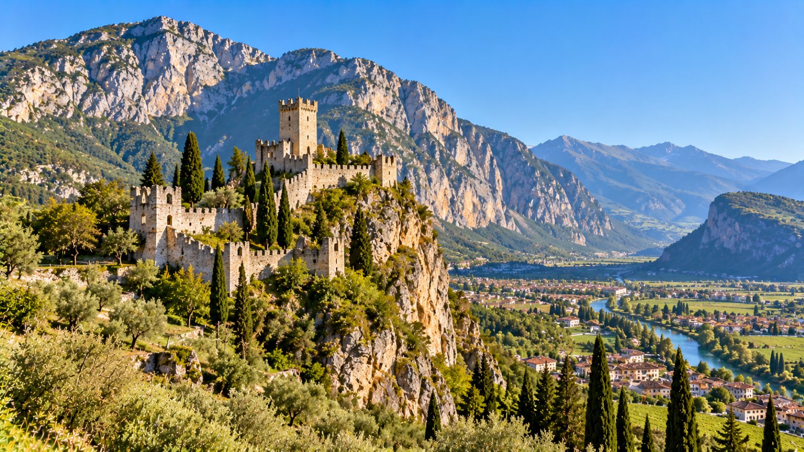 Il castello di Arco su uno sperone di roccia tra gli ulivi, con le pareti calcaree del Monte Colodri e la piana del Sarca nella luce del mattino