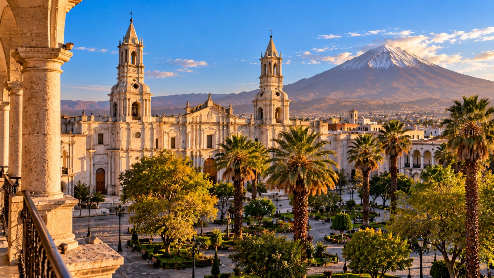 La cattedrale di Arequipa in pietra bianca sulla Plaza de Armas, con il cono innevato del vulcano Misti sullo sfondo sotto un cielo azzurro