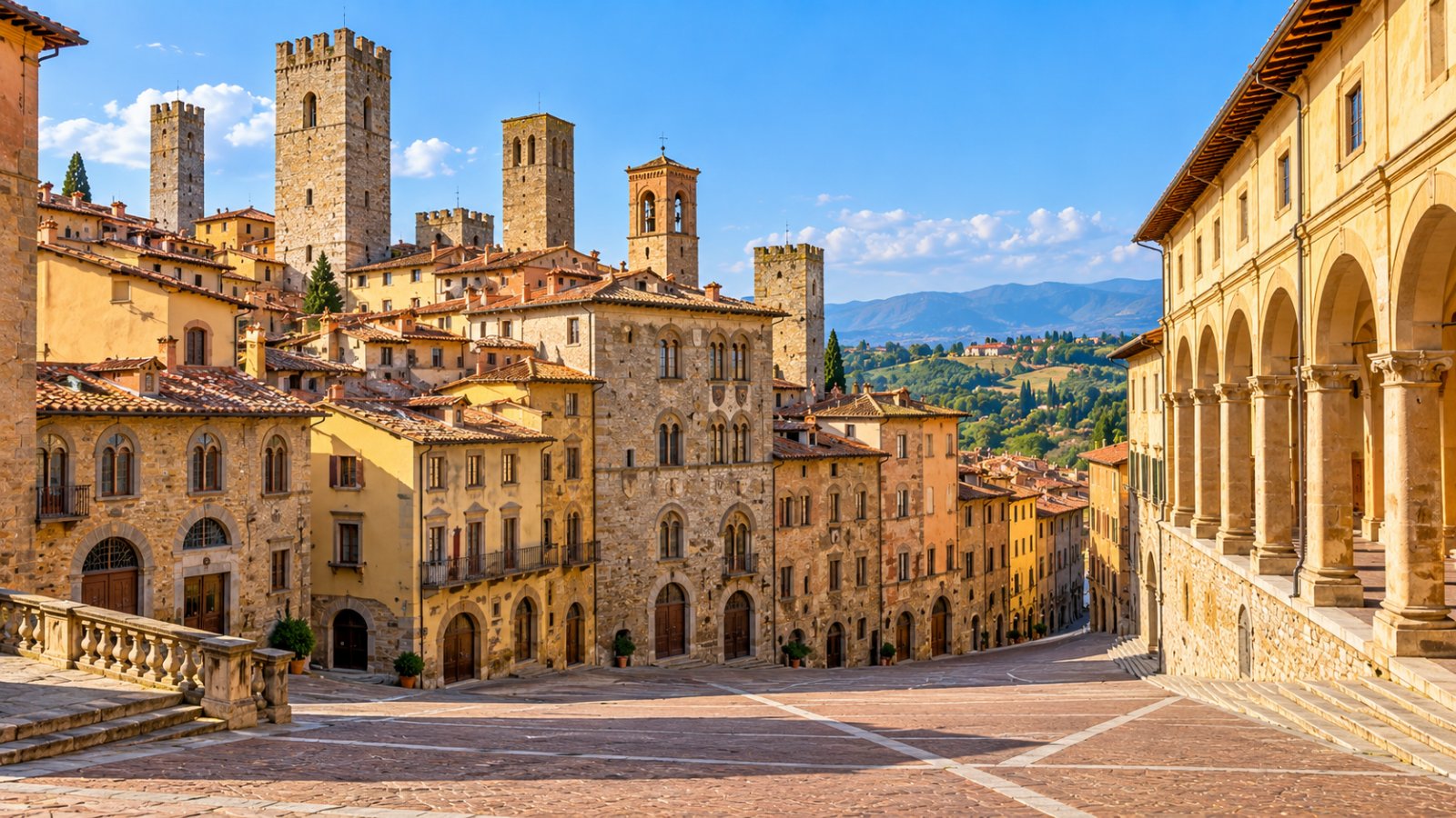 Piazza Grande di Arezzo in pendenza con le logge del Vasari e le case medievali con le torri nel sole del pomeriggio