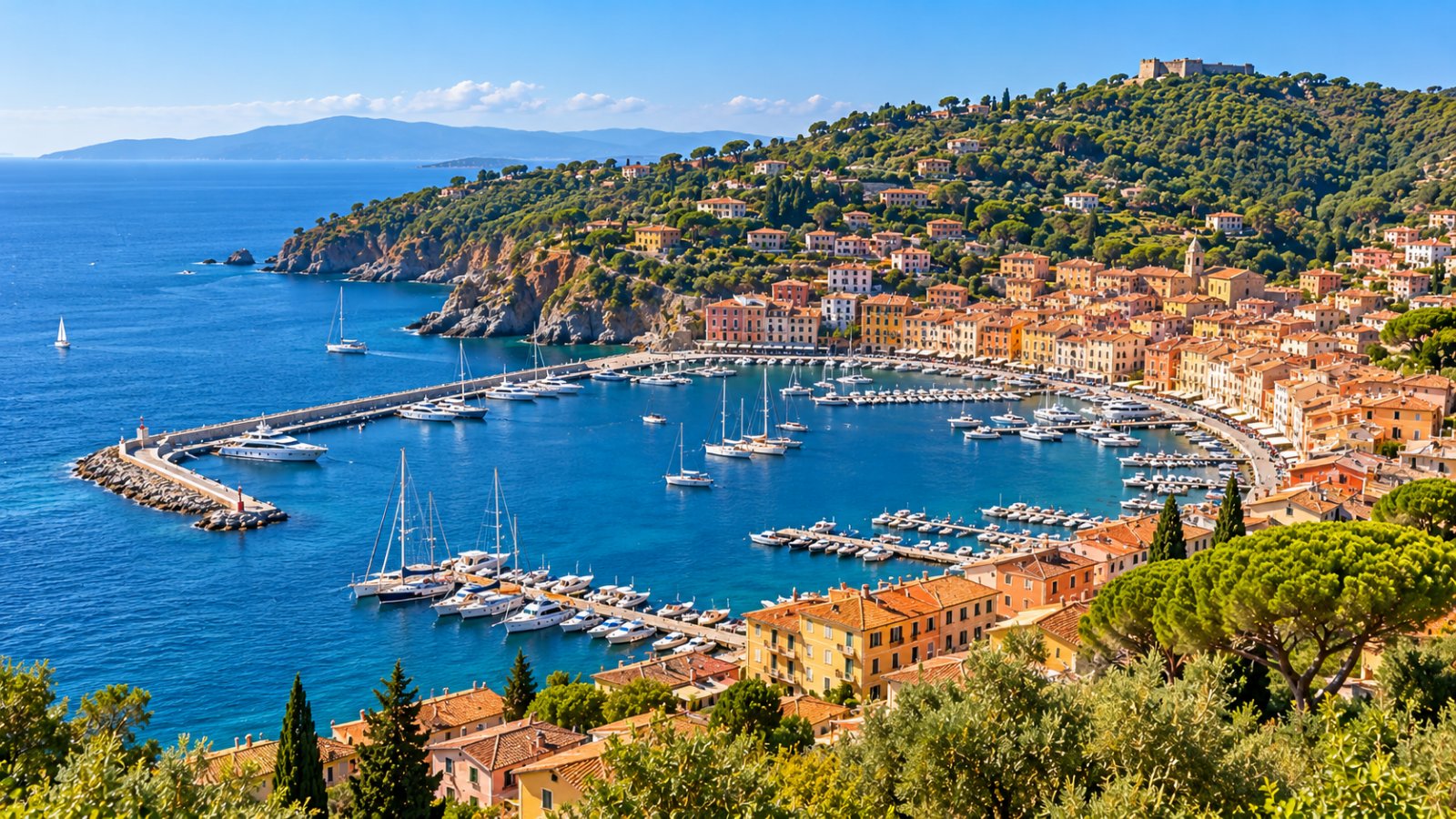 La baia di Porto Santo Stefano sull'Argentario con le barche ormeggiate, le case colorate e il promontorio verde sul mare blu