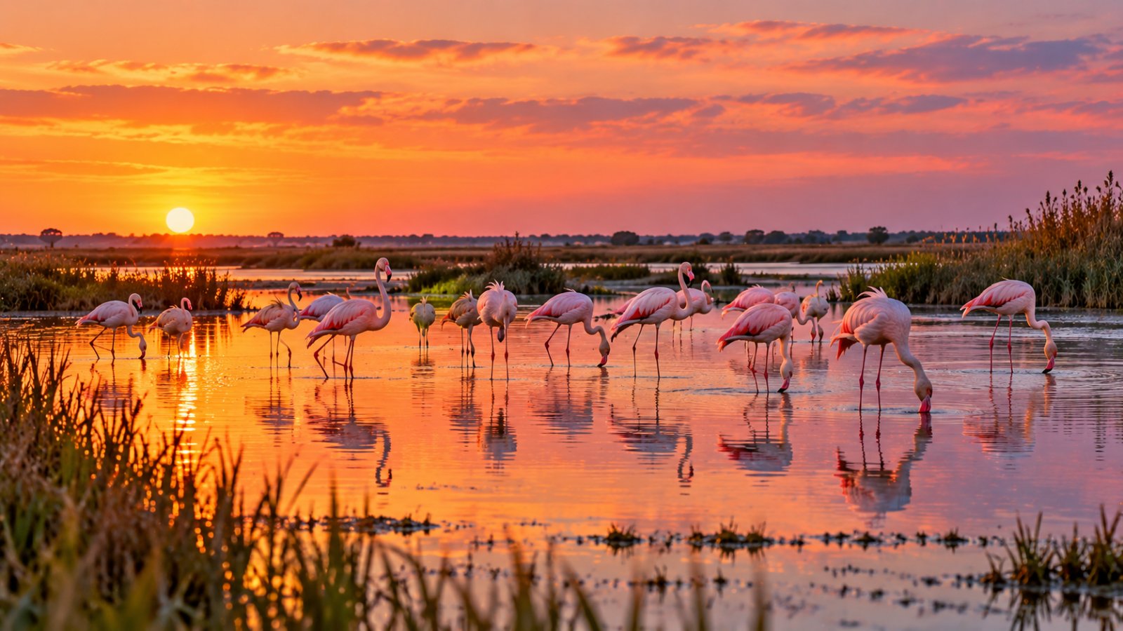Fenicotteri rosa in uno stagno basso della Camargue alla luce dorata del tramonto, con canneti e un cielo ampio sullo sfondo