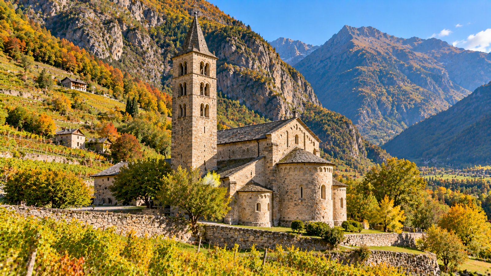 La chiesa romanica di San Martino ad Arnad, con il campanile in pietra e la facciata semplice, tra prati e vigneti terrazzati, con le pareti rocciose della valle sullo sfondo