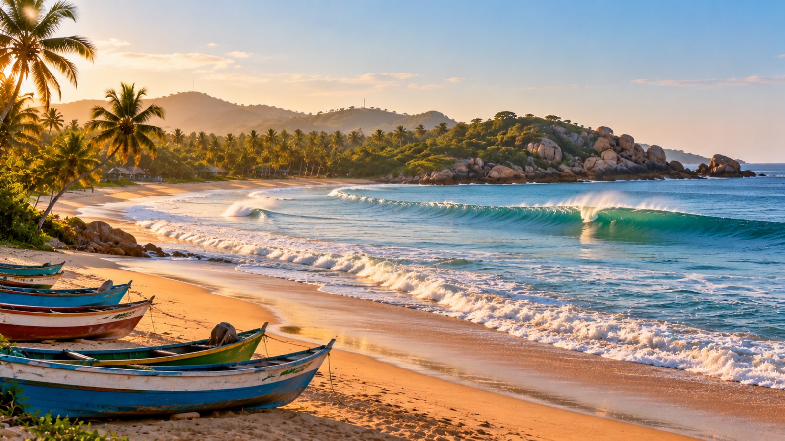 La baia di Arugam Bay al mattino, con una lunga onda che si apre lungo la punta rocciosa, la spiaggia di sabbia chiara, le barche dei pescatori e le palme sullo sfondo